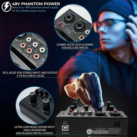 4 Channel Wireless DJ Mixer With Bluetooth 5.x USB Audio Interface And 2 Combo Jacks XLR 6.35mm interface and controls