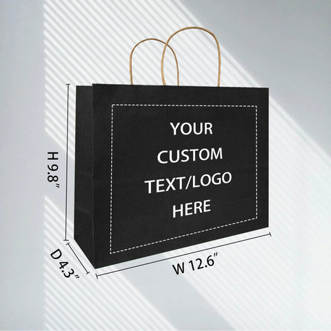 Custom Printed Kraft Paper Bags For Small Biz With Logo Brown Shopping Bags With Handles, size W12.6" x H9.8" x D4.3"