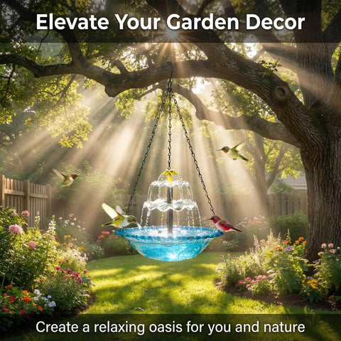Sun Powered Hanging Bird Bath Fountain With Cascade Water Feature For Outdoor Garden Patio Backyard Lawn Decor Blue No Wiring Needed Easy Setup And Water Motion To Attract Birds And Elevate Your Outdoor Space