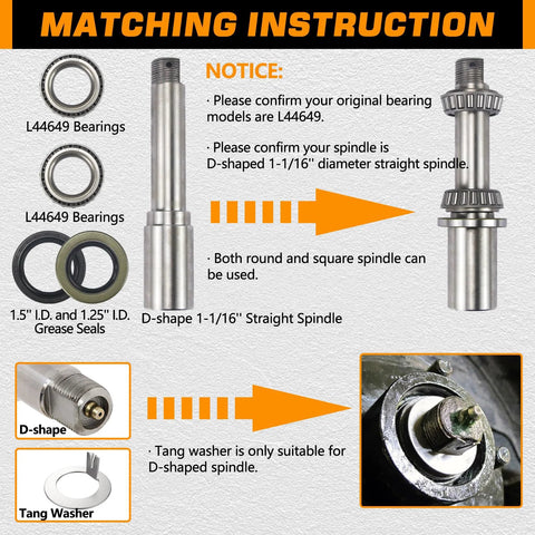 Trailer hub bearing kit, 2-set, with L44649/L44610 bearings, D-shaped straight spindle, grease seals.