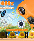 2 In 1 Kids Microscope And Telescope 1000X Magnification Portable STEM Toy For Outdoor Explorers Learn Insects Leaves Rocks Birds And Distant Landscapes Up Close And Far Away On Family Adventures And Class Projects. orange digital microscope with 8 LED lights and brightness settings