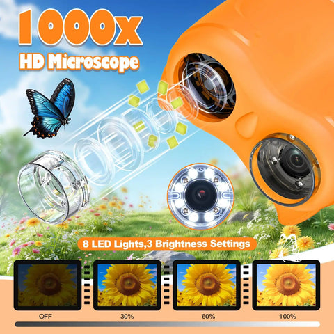 2 In 1 Kids Microscope And Telescope 1000X Magnification Portable STEM Toy For Outdoor Explorers Learn Insects Leaves Rocks Birds And Distant Landscapes Up Close And Far Away On Family Adventures And Class Projects. orange digital microscope with 8 LED lights and brightness settings