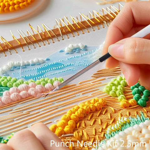 Close-up of hand using punch needle on fabric, All In One Starter Punch Needle Embroidery Kit For Adults Beginners With Adjustable Tools