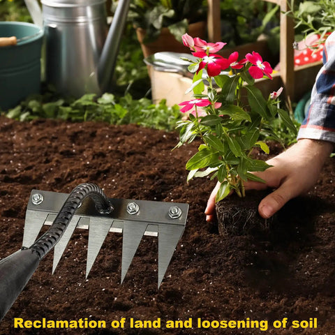 Tough As Nails Heavy Duty Iron Weeding Rake With Five Tines For Weeding Soil Loosening Ground Leveling And Dethatching Durable High Carbon