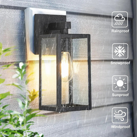All Weather Outdoor Wall Lantern Built Tough For Rain Or Shine Weather Resistant sconce lamp on wooden wall with raindrops.
