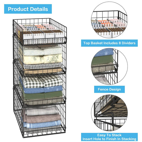 4 Tier Closet Organizers And Storage Shelves For Clothes, stackable metal wire bins with dividers for RV closets and pantries.
