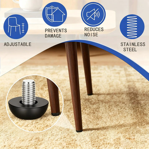 Tough As Nails M8 Adjustable Leveling Feet 32 Pack Stainless Steel Furniture Legs To Squash Every Wobble under a wooden table.