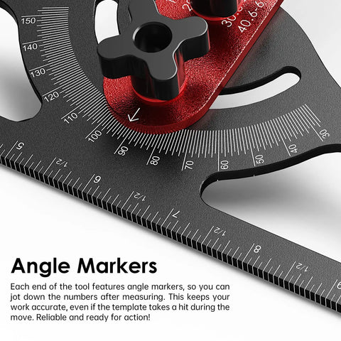 Heavy Hitter Stair Tread Template Tool With Double Nut Locking Design For Precision Woodworking And Carpentry Jig Setup Smooth Operator For DIY Contractors Straight Shot Layout Guide close-up of angle markers and locking mechanism