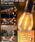 96ft Waterproof Outdoor String Lights with 32 Warm White LEDs, dimmable, close-up of S14 bulb and lit patio setting