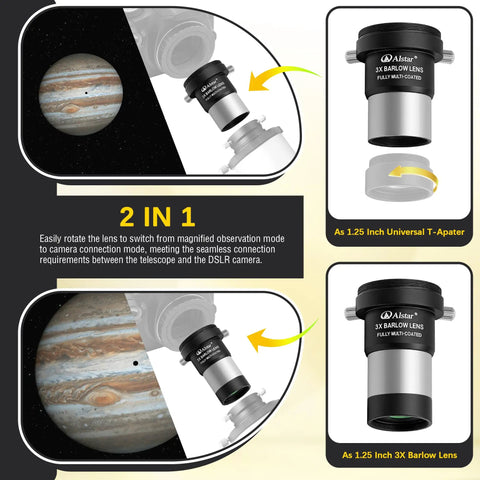 3X Barlow Lens 1.25 Inch for Telescopes with M42 Camera Adapter, showing attachment to eyepiece and T-adapter, fully multi-coated design.