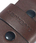 Close-up of Men's Bridle Leather Belt With Classic Harness Buckle And Scratchless Design, Durable Full Grain Leather, detail of brand and snaps