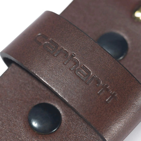 Close-up of Men's Bridle Leather Belt With Classic Harness Buckle And Scratchless Design, Durable Full Grain Leather, detail of brand and snaps