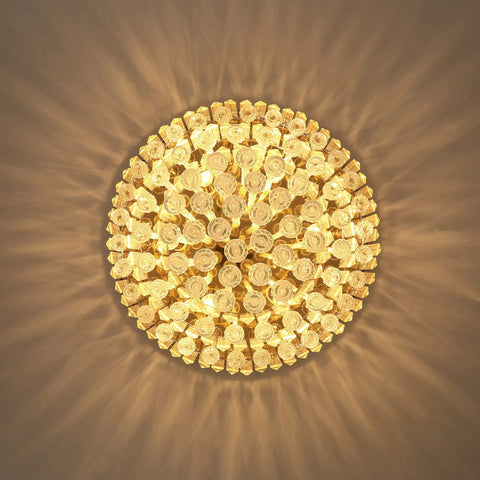 Modern K9 Crystal Gold Flush Mount Chandelier With 6 Lights, 3 Tier Round Ceiling Fixture, Crystal Raindrops Sparkle, Brass Gold Finish