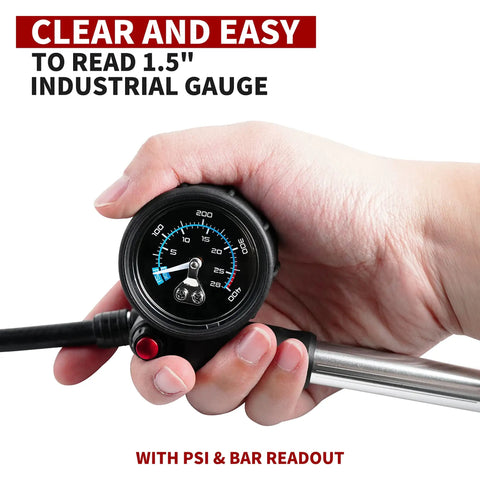 Portable Bike Fork And Rear Shock Pump 400 PSI With 1.5 Inch Gauge Micro Air Adjust Button showcased in hand