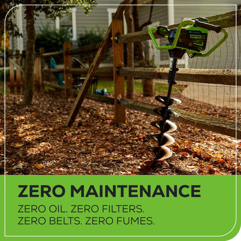 60V Brushless Earth Auger For Post Holes And Gardens, Heavy Duty Digger With 59 Ft Lb Torque beside wooden fence