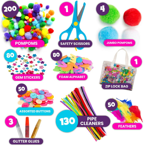 Ultimate Kids Craft Kit With Over 2000 Pieces For Boys And Girls Ages 4 To 9 Mega Arts And Crafts Set with pom poms, scissors, and more.