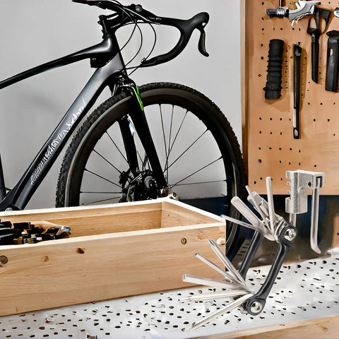 All In One Carbon Steel Bike Multi Tool with 12 Precision Tools near mountain bike and tool rack