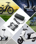 54.6V 2A Fast Electric Bike Charger for 48V Ebike Batteries with Overcharge Protection shown with compatible vehicles