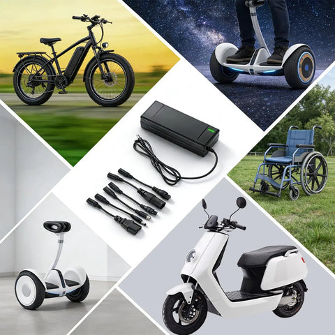 54.6V 2A Fast Electric Bike Charger for 48V Ebike Batteries with Overcharge Protection shown with compatible vehicles
