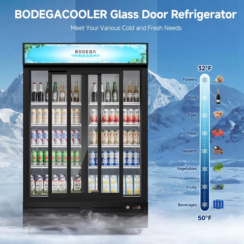 Heavy Duty Workhorse Commercial Merchandiser Refrigerator With Smooth Automatic Sliding Rebound Doors And Reinforced Glass Panels For High Traffic Stores Keep Merchandise Frosty All Day Long, displaying drinks and snacks.