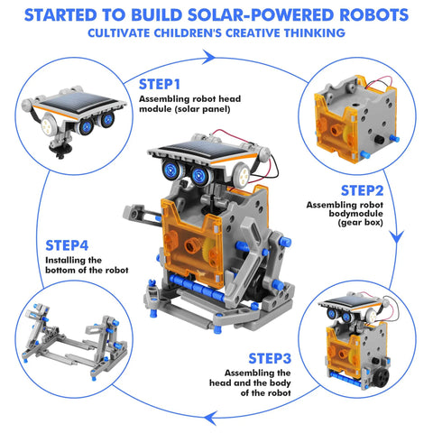 13 In 1 Solar Powered Robot Kit For Kids Aged 8 To 12, Hands On STEM Educational Toy Set assembly steps illustration