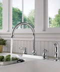 Two Handle Kitchen Sink Faucet With Side Sprayer Chrome Finish For 8 Inch 4 Hole Install 360 Degree Swivel
