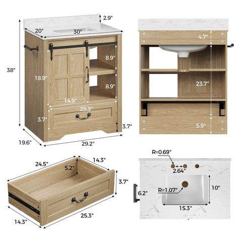 Slick 30 Inch Bathroom Vanity With Integrated Sink And Smooth Sliding Barn Door Modern Farmhouse Bathroom Cabinet Offering Real Deal Soft Close Drawer And Sick Storage Space For A Clutter Free Setup