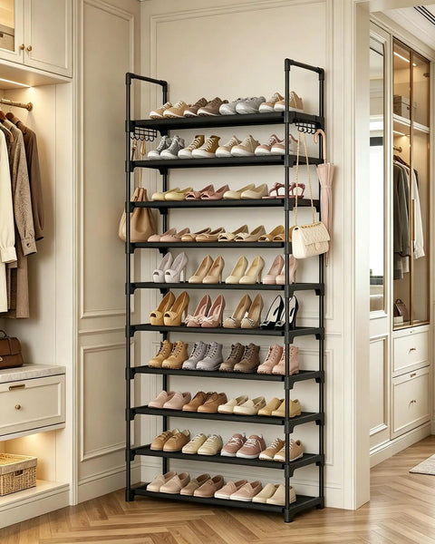 Heavy Duty 10 Tier Shoe Rack With 10 Coat Hooks, Sturdy Vertical Shoe Organizer For Home Entryway, Level Up Your Sneaker Game In Matte Black Today