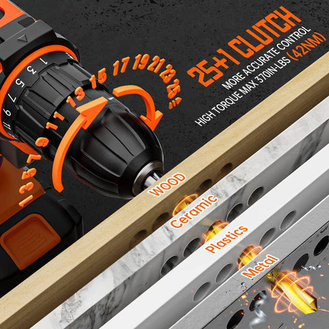 20V Cordless Drill Set for Home DIY, Includes Two 2.0Ah Batteries and Fast Charger, Three Eighth Inch Keyless Chuck, 25+ clutch positions