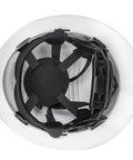 Interior view of vented full brim hard hat with padding, OSHA construction safety approved helmet for men and women.