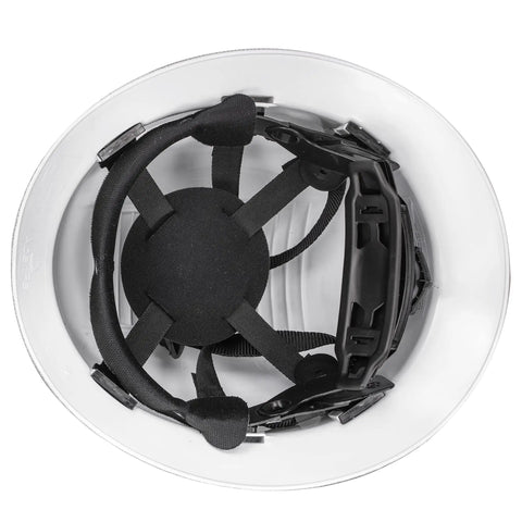 Interior view of Full Brim Non Vented Army Camo OSHA Hard Hat With 6 Point Suspension Matte Finish HDPE Construction Helmet.