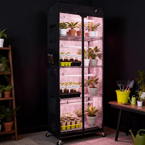 Mini Indoor Greenhouse With 18W T8 Grow Lights And Digital Thermo Hygrometer, 27 By 15 By 70 Inches Smart Grow Tent in use