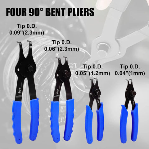Four 90° bent pliers with blue grips from 10 Piece Snap Ring Pliers Set Heavy Duty Circlip Removal Tool With Bent And Straight Pliers