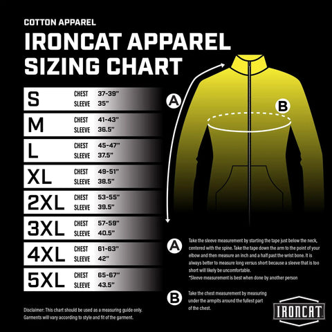 Ironcat Apparel sizing chart for FR Treated Cotton Sateen Jacket 9 Oz With Anodized Snaps And Leather Reinforcement, 2XL size details.