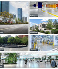 Collage of urban scenes: City road, parking lot, community, park square, factory, and airport interior.
