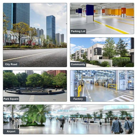 Collage of urban scenes: City road, parking lot, community, park square, factory, and airport interior.