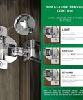 Diagram showing soft-close tension control for Soft Close Cabinet Hinges With 1-1/4 Inch Overlay For Face Frame Cabinets, Wrap Around Mount, 108 Degree Angle, Press In Dowel, 45mm Screw Pattern, Nickel Plated, 50 Pack G02910A-15 TEC 864.
