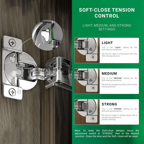 Diagram showing soft-close tension control for Soft Close Cabinet Hinges With 1-1/4 Inch Overlay For Face Frame Cabinets, Wrap Around Mount, 108 Degree Angle, Press In Dowel, 45mm Screw Pattern, Nickel Plated, 50 Pack G02910A-15 TEC 864.
