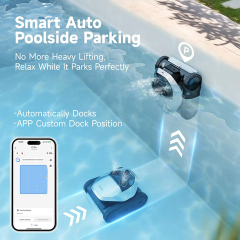 Heavy Duty Cordless Robotic Pool Cleaner with Badass 8000 GPH Suction and Waterline Scrubbing features smart auto poolside parking.