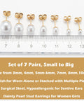 Dope Pearl Gold Stud Earrings Set For Women And Men 14K Gold Plated 316L Stainless Steel Hypoallergenic Ball Studs With Sizes 3mm 4mm 5mm 6mm 7mm 8mm And 10mm, shown with ruler