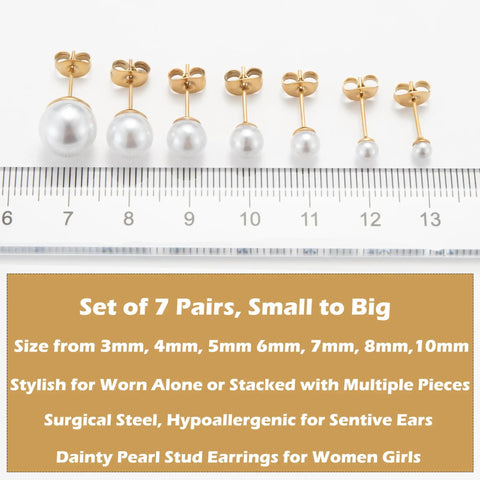 Dope Pearl Gold Stud Earrings Set For Women And Men 14K Gold Plated 316L Stainless Steel Hypoallergenic Ball Studs With Sizes 3mm 4mm 5mm 6mm 7mm 8mm And 10mm, shown with ruler