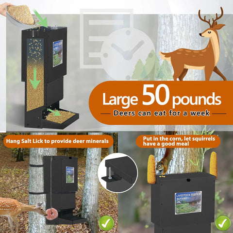 Metal Tough Galvanized Steel Deer Feeder Holds Fifty Pounds Of Corn Or Protein Mix Rust Proof Wild Game Feed Dispenser, large size for outdoor use.