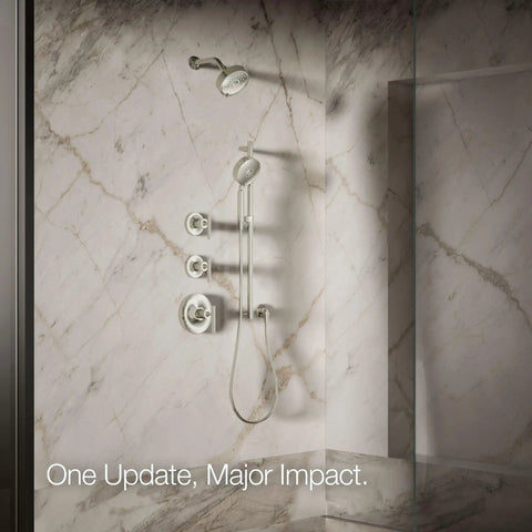 Purist Three-Function Showerhead With Full Coverage, Pulsating Massage And Silk Spray, 2.5 GPM in polished nickel, mounted in shower