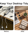 Before and after comparison of cable management using 18 Pack Flexible Silicone Desk Cable Grommets With 1 Inch Hole Saw.