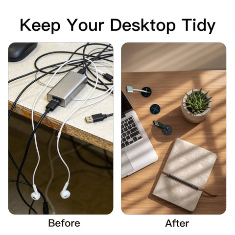 Before and after comparison of cable management using 18 Pack Flexible Silicone Desk Cable Grommets With 1 Inch Hole Saw.