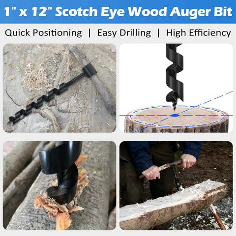 Hand Powered Wood Auger Drill Bit 1 Inch By 12 Inch with wrench shown in use on wood for drilling dowel holes.