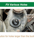 Universal Cable Tie Buckle Kit washer installed on automotive part with text indicating fit for various holes