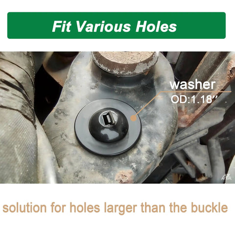 Universal Cable Tie Buckle Kit washer installed on automotive part with text indicating fit for various holes