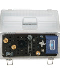 Built Rock Solid Clear Abs Router Bit Storage Organizer Box With Custom Foam Insert And Rechargeable Desiccant Bag To Keep Your Half Inch Quarter Inch And Eight Millimeter Bits Dry In The Workshop, open view showing organized router bits.