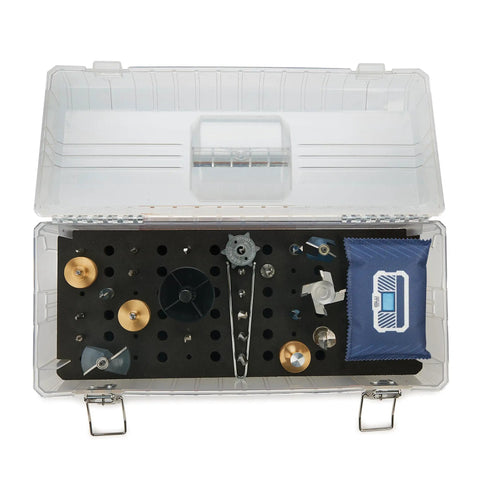 Built Rock Solid Clear Abs Router Bit Storage Organizer Box With Custom Foam Insert And Rechargeable Desiccant Bag To Keep Your Half Inch Quarter Inch And Eight Millimeter Bits Dry In The Workshop, open view showing organized router bits.
